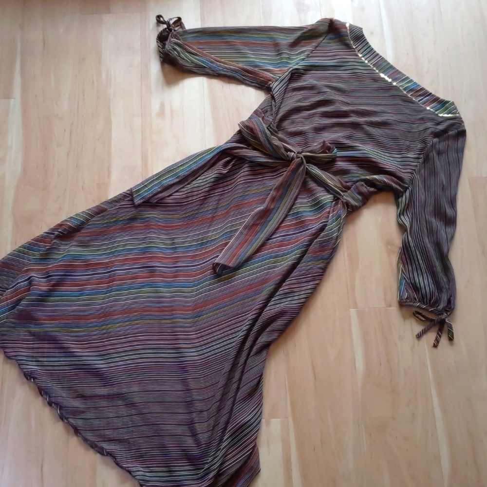 H&M Sheer Mesh Dress, Tie Back, layered overlay w/ slip, sequins, Med, striped - Picture 3 of 16
